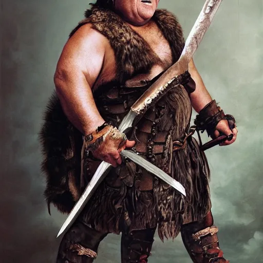 Image similar to danny devito as a barbarian warrior, full body, holding club, legendary warrior, leather straps, tattoos, piercings, fur and leather armor, beautiful, sharp detail, photo realism, robin eley, oil painting