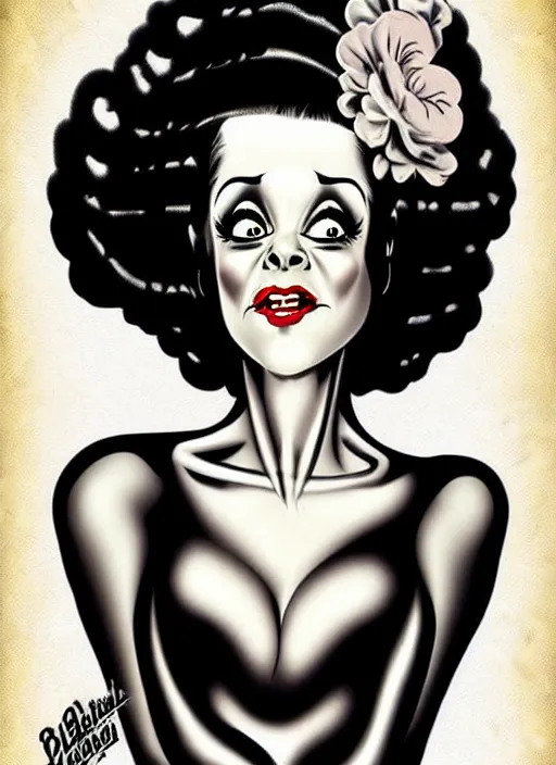 Prompt: pin - up art style of the bride of frankenstein