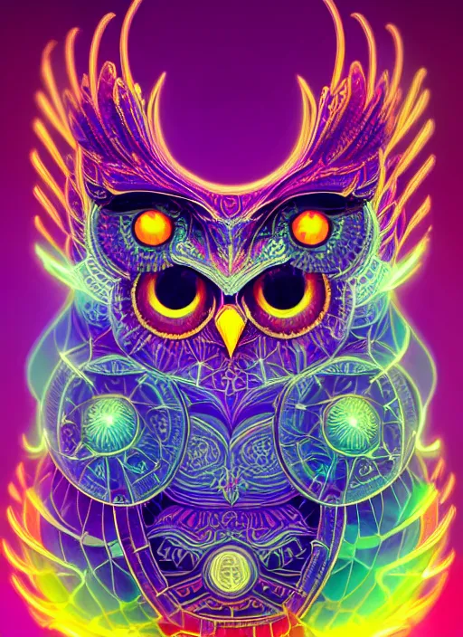 Image similar to symmetry!! product render poster vivid colors divine proportion owl, 神 圣, glowing fog intricate, elegant, highly detailed, digital painting, artstation, concept art, smooth, sharp focus, illustration,