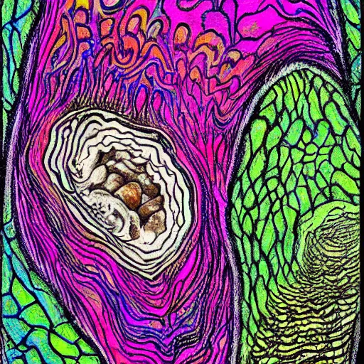 Image similar to detailed drawing of a white oyster mushroom fruiting from a tree trunk, psychedelic colors, tye dye