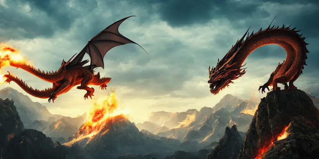 Image similar to a dragon breathing fire on the top of a mountain, epic composition, detailed and intricate image, cinematic, 4 k