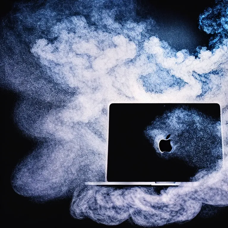 Image similar to a photo portrait of a macbook disintegration in dust and smoke, cinematic photography, smoke rising like clouds, photorealism, canon 5 d, 5 0 mm lens, super resolution, cgi, volumetric lighting & shadows, hyper detailed, 8 k, unreal engine,