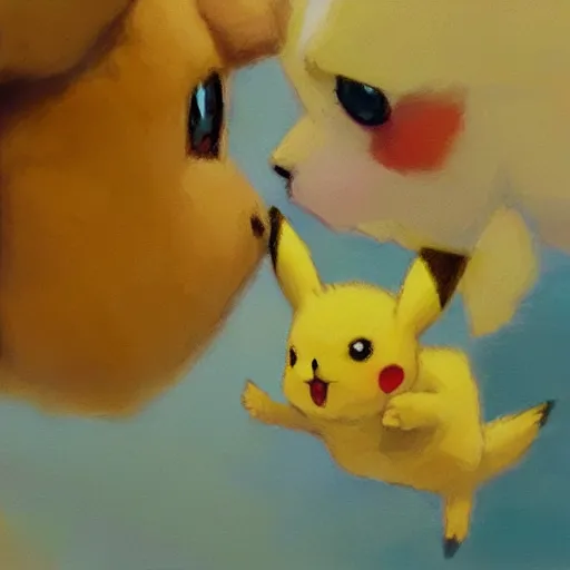 Prompt: close up of pikachu and eevee kissing, cinematographic shot, by daniel f. gerhartz