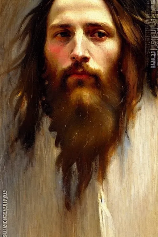 Image similar to impressionist brushstrokes!!!!!!!!! solomon joseph solomon and richard schmid and jeremy lipking victorian loose genre loose painting full length portrait painting of jesus with a slight smile happy inviting