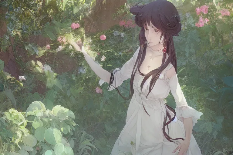 Image similar to a digital art of a loli with long hair in a dress in the privet garden at after noon, by krenz cushart and mucha and akihito yoshida and greg rutkowski and makoto shinkai, detailed eyes, 4 k resolution 、 trending on art station