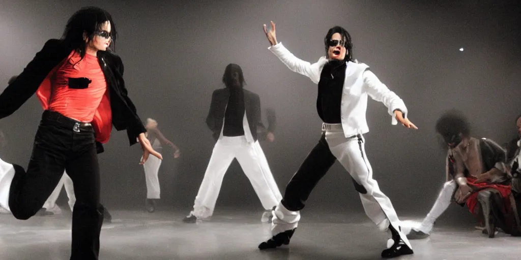 Image similar to michael jackson by himself 2 0 0 9 style wearing shades, studio dancing solo, this is it style, photo real, pores, motion blur, solo, by himself, heroic pose, real life, spotted, ultra realistic face, accurate, 4 k, movie still, uhd, sharp, detailed, cinematic, render, modern