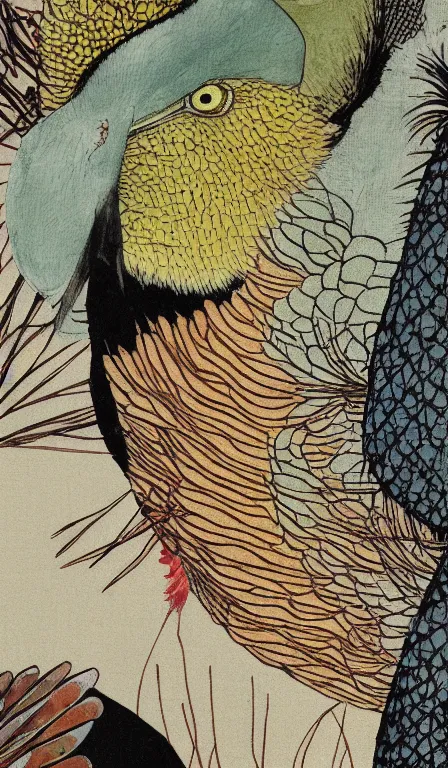 Image similar to close up of turkey vulture sitting on cactus by Shen Quan, hanging scroll, ink and colours on silk