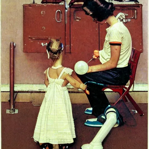 Prompt: a Norman Rockwell painting of a girl fixing her robot