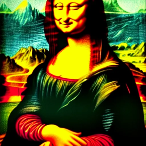 Image similar to a lisa frank painting of ( ( ( mona lisa ) ) )