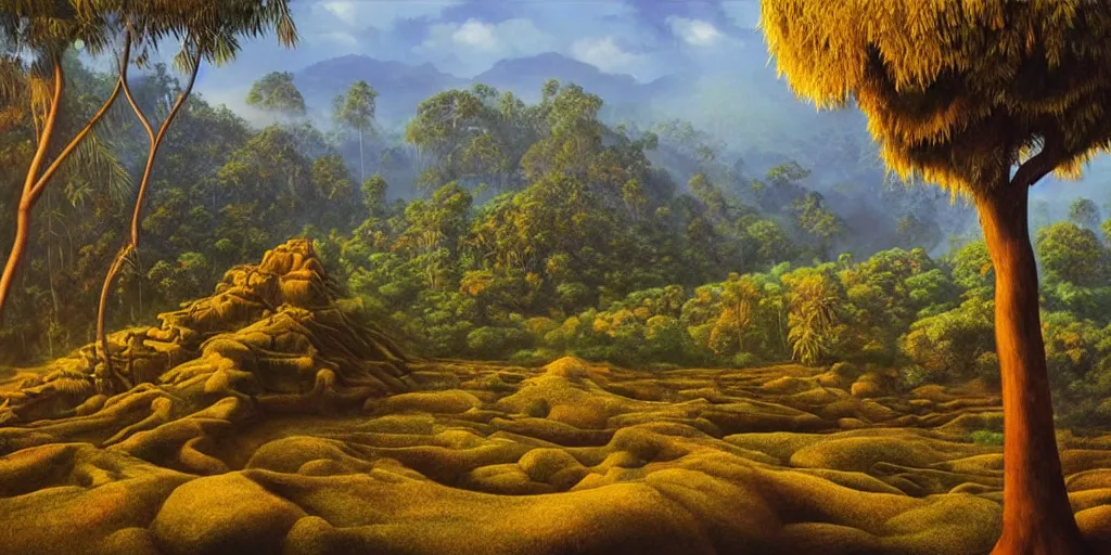 Prompt: sri lankan landscape, volumetric lighting and shadows, concept art, realistic oil painting by alex grey