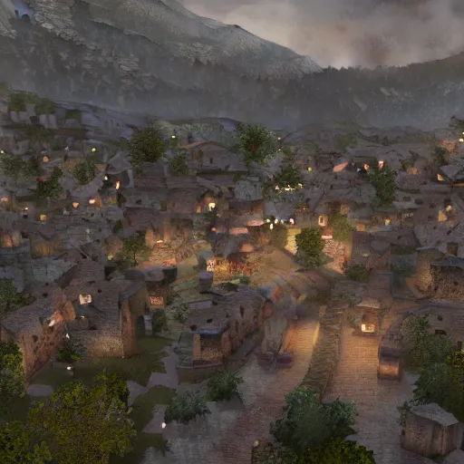 Prompt: the center of a poor medieval town under heavy rain at late dawn, in a valley, surrounded by mountains, highly detailed, octane render, ultra detailed cinematic, 8 k, widescreen, 1 6 : 9, hd