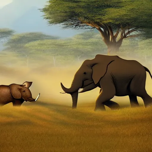 Image similar to a cartoon of an elephant chasing a rhino on african plains, tron