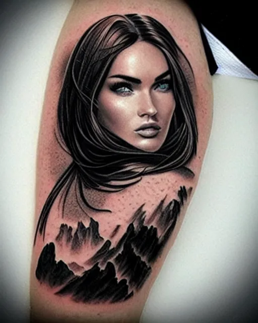 Prompt: double exposure effect tattoo design sketch of megan fox and beautiful mountains, surrealism tattoo, in the style of matteo pasqualin, amazing detail, sharp