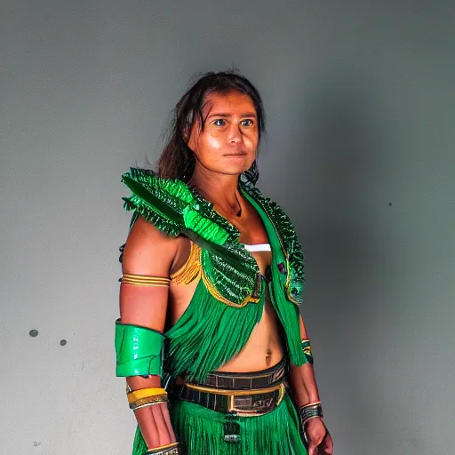 Prompt: long shot photo of a female amazon warrior with malachite armour, 4k