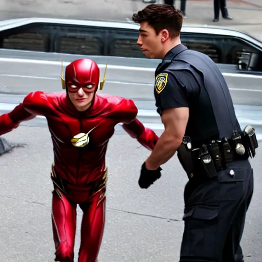 Image similar to ultra realistic photograph of angry Ezra Miller wearing flash costume being arrested by FBI outside Warner Bros Studio, 4K