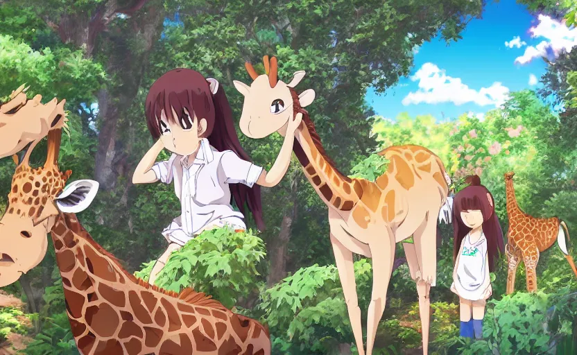 Image similar to anime girl spending her day at the zoo, feeding a giraffe, a Studio Ghibli style scene, digital art, 4k