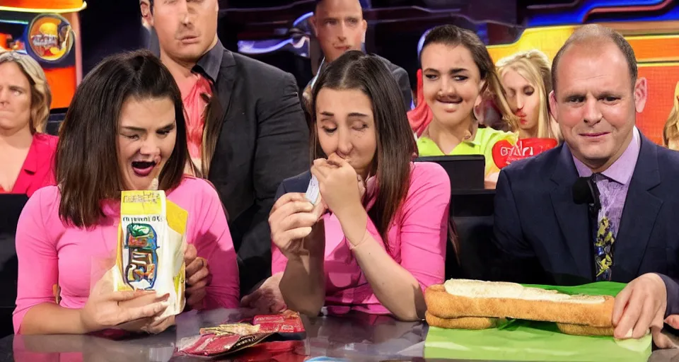 Prompt: girl opens briefcase to reveal a subway sandwich on deal or no deal, contestant is crying, photograph