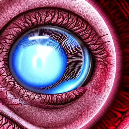 Image similar to a detailed extremely close up of inside the iris, cornea, red image, microscopic, extremely close up drawing by junji ito, cgsociety, generative art, lovecraftian, parallax, cosmic horror, extremely detailed, hyperrealism, unreal engine, octane render, award winning, masterpiece, highly detailed, realistic, 4 k, digital