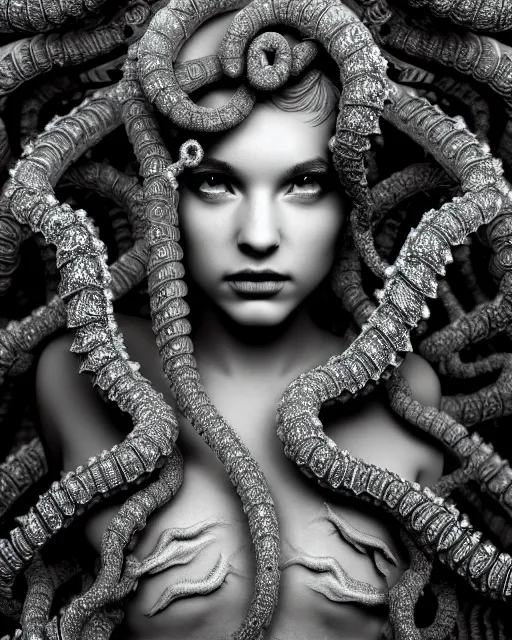 Image similar to surreal mythical dreamy artistic black and white fine art photo of a beautiful young female medusa - cyborg covered with fish scales and algae, highly detailed, intricate crystal ivy jelly fish scales ornate, poetic, octane render, 8 k, photo - realistic