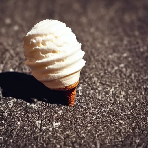 Image similar to detailed photograph of a levitating ice cream cone with hairy, wriggling spider legs protruding below. shallow depth - of - field. moody light.