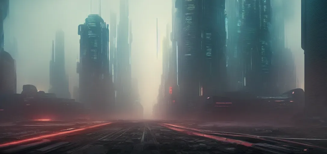 Prompt: view of an abandoned futuristic cyberpunk city at day, fog, blade runner 2 0 4 9, highway, empty, symmetry, cinematic lighting, ultra detailed, sharp, ambient occlusion, raytracing, by greg rutowski, paul chadeisson and jessica rossier