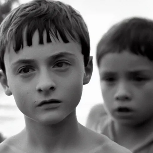 Image similar to noah schnapp plays ralph in lord of the flies ( 1 9 6 3 ), 3 5 mm black and white, highly detailed, cinematic lighting