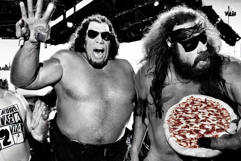 Prompt: andre the giant and macho man randy savage, mega powers, sharing a pizza, at muscle beach, mid 9 0 s, gritty, ethereal details, cinematic lighting, hyper - detailed, maximalist, artstation, 8 k