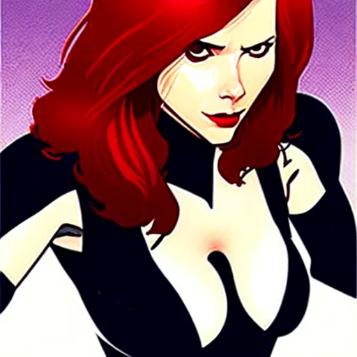 Image similar to phil noto comicbook cover art, black widow marvel, symmetrical eyes, long red hair, full body, city rooftop