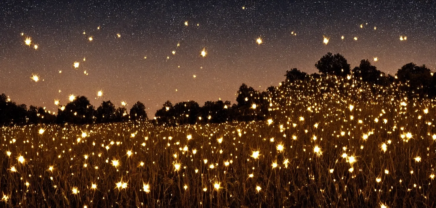 Prompt: a lot of fun bulbs fly over the field, night, stars, field, smiles, emotions, photoreal image