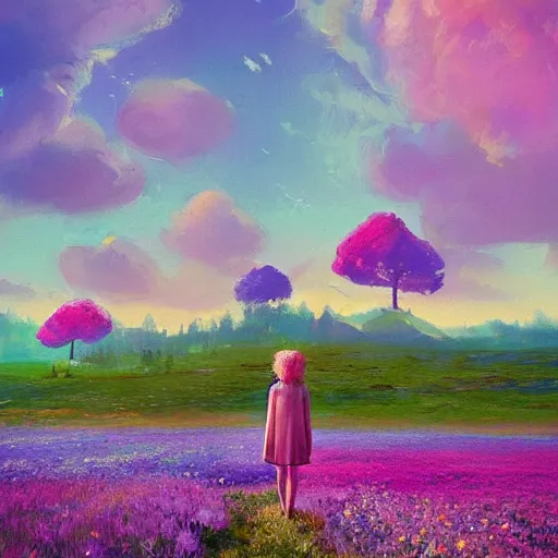 Image similar to girl with a flower face, surreal photography, dream, standing in flower field, magical, in a valley, sunrise dramatic light, impressionist painting, colorful clouds, artstation, simon stalenhag