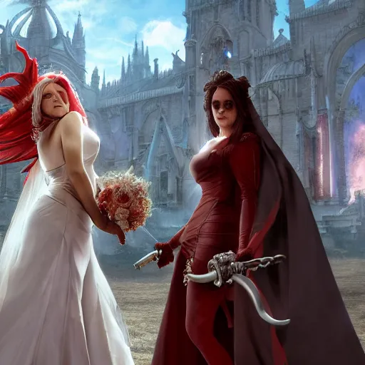 Image similar to an ultra detailed matte painting of a lesbian wedding between evil pyromancer and a red mage from final fantasy, steampunk, unholy, white church background, detailed face, sharp focus, highly detailed, cinematic lighting, studio quality, colorful, smooth render, unreal engine 5 rendered, octane, rendered, by artgerm, greg rutkowski, alphonse mucha