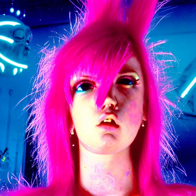 Prompt: punk girl pink hair, 2 0 yo, close - up, synthwave, bright neon colors, highly detailed, cinematic, tim white, roger dean, michael whelan, jim burns, bob eggleton, philippe druillet, vladimir kush, kubrick, alfred kelsner, vallejo