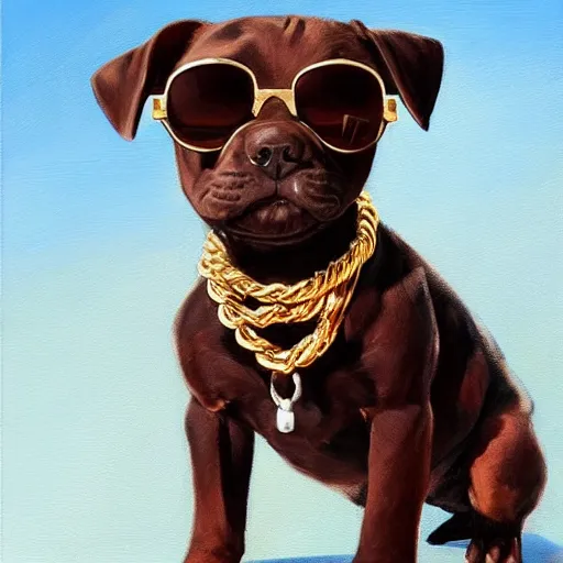 Prompt: young dark brown staffy terrier puppy with a white belly, wearing gold chains round his neck and big sunglasses, sitting on his back legs, cool, stylish, rule of thirds, extremely fine detail, gouche, oil painting, artstation