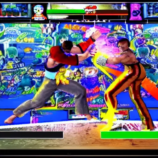 Prompt: Stoopid arcade battle game with a broken screen old school tekken fighter Tekken 7 Tekken 3 combo psx graphics.