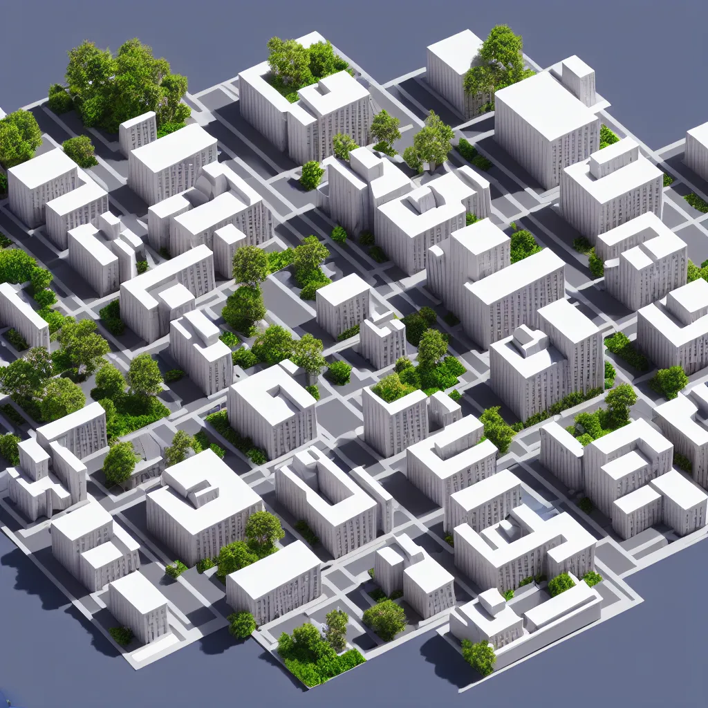 Prompt: architectural model, isometric view, 3 d render, studio lighting, low contrast, brightly lit studio, highly detailed, tall building, large windows, courtyard, gabled roof, zig zag plan, house, tree