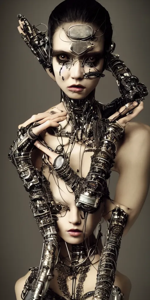 Image similar to hyperrealistic futuristic high fashion photography, girl in studio, full body, cybernetic parts by luis royo, asian, vogue magazine, nomad masterpiece, nano parts, neon lights, smoke, eerie music, beautiful intricate face and flawless skin, tribal jewelry, tattoos, perfect hands, head piece, by Edgar Maxence and Ross Tran and Michael Whelan, 8k, octane render