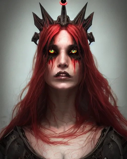 Image similar to headshot portrait of nightmare queen inspired by daemonology and catholicism, detailed, textured, realistic, unreal engine, cgsociety, cinematic lighting, concept art