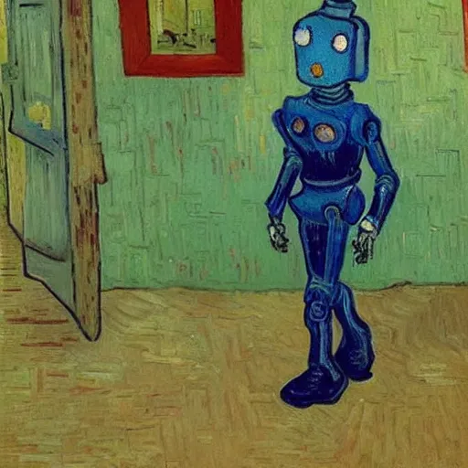 Prompt: A robot walking in the backrooms, painted by Vincent Van Gogh