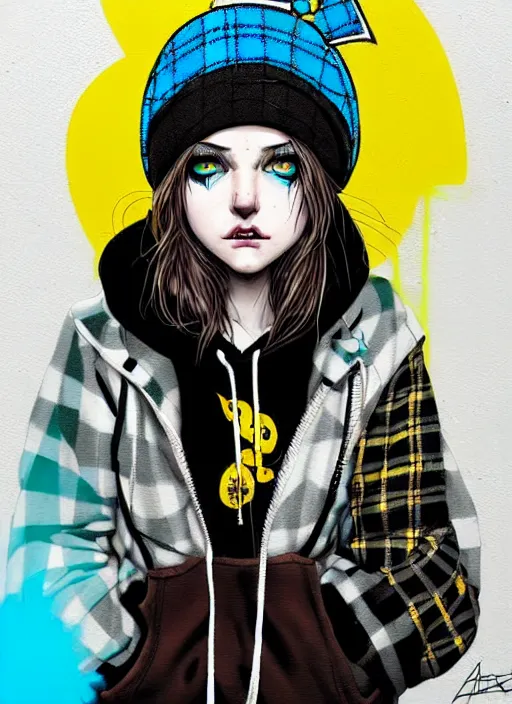 Image similar to highly detailed portrait of a sewer punk lady student, blue eyes, tartan hoody, hat, white hair by atey ghailan, by greg tocchini, by kaethe butcher, by alex horley, by bruce timm, gradient yellow, black, brown and cyan color scheme, grunge aesthetic!!! ( ( graffiti tag wall ) )