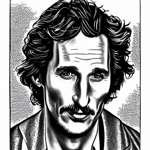 Image similar to a portrait drawing of Mathew McConaughey drawn by Robert Crumb