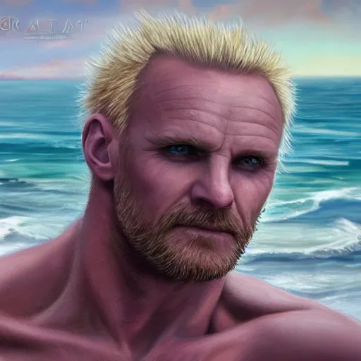 Prompt: very beautiful pastel art of Sting from The Police, full body, spiky blonde hair, blue eyes, full round face, handsome jaw, hairy arms, serene beach setting, cinematic lightning, arms facing the viewer, medium shot, mid-shot, highly detailed, trending on artstation, Unreal Engine 4k, cinematic wallpaper by Stanley Artgerm Lau, WLOP, Rossdraws, James Jean, Andrei Riabovitchev, Marc Simonetti, and Sakimichan-C 9.0