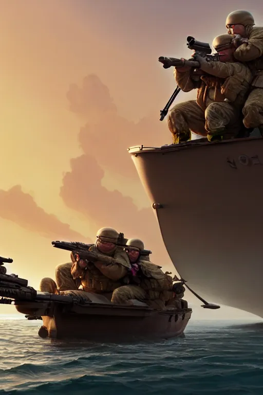 Prompt: pixar soldiers aiming at a walrus sleeping on a boat | glamorous oily soft polished rich ornate modern | weta disney pixar movie still photo | hi - fructose, sci fi fantasy, smooth, octane render, sharp focus, artstation, concept art | artgerm, mucha, rutkowski, feng zhu, wlop, loish