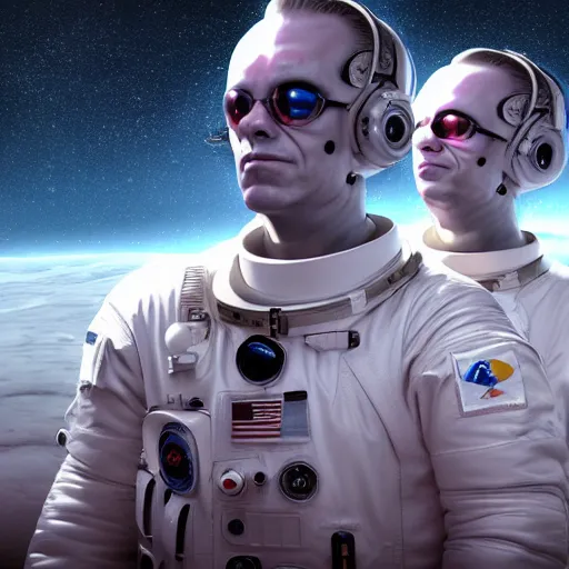 Image similar to A hyper real comic book style portait painting of Neo and agent Smith on the moon in astronaut suits, unreal 5, hyperrealistic, octane render, cosplay, RPG portrait, dynamic lighting