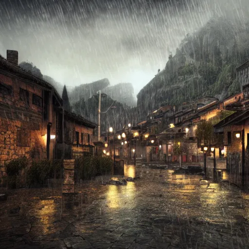 Image similar to the center of a poor medieval town under heavy rain at late dawn, in a valley, surrounded by mountains, highly detailed, octane render, ultra detailed cinematic, 8 k, widescreen, hd