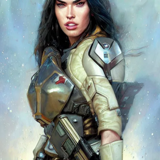 Prompt: Megan Fox as a space soldier, closeup character art by Donato Giancola, Craig Mullins, digital art, trending on artstation