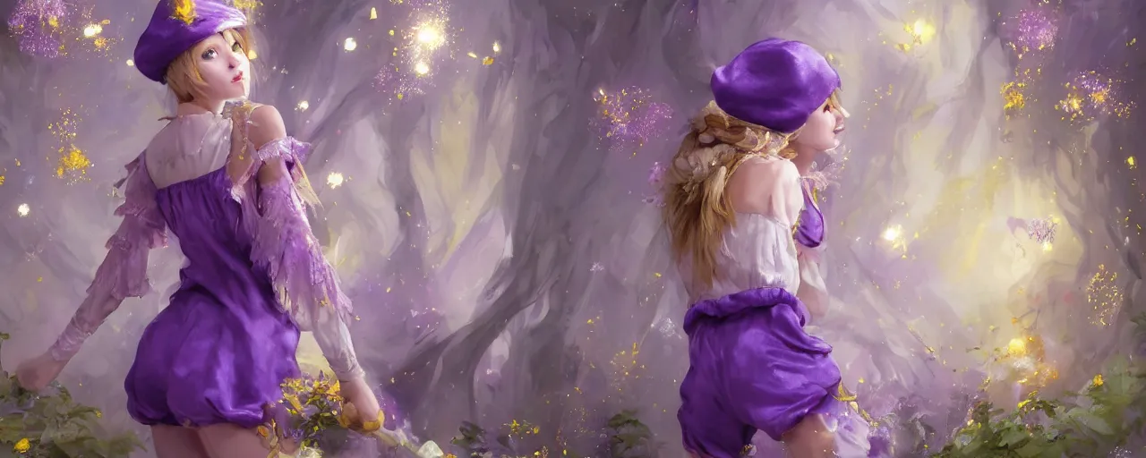 Image similar to Full View of a mysterious fairy maidens with short blond hair wearing an oversized purple Beret, Baggy Purple overall shorts, Short Puffy pants made of silk, silk shoes, a big billowy scarf, Golden Ribbons, white leggings Covered in stars. Short Hair. peasant magic. masterpiece 4k digital illustration by Ruan Jia and Mandy Jurgens and Artgerm and greg rutkowski , award winning, Artstation, art nouveau aesthetic, Alphonse Mucha background, intricate details, realistic, panoramic view, Hyperdetailed, 8k resolution, intricate art nouveau, smooth, sharp focus