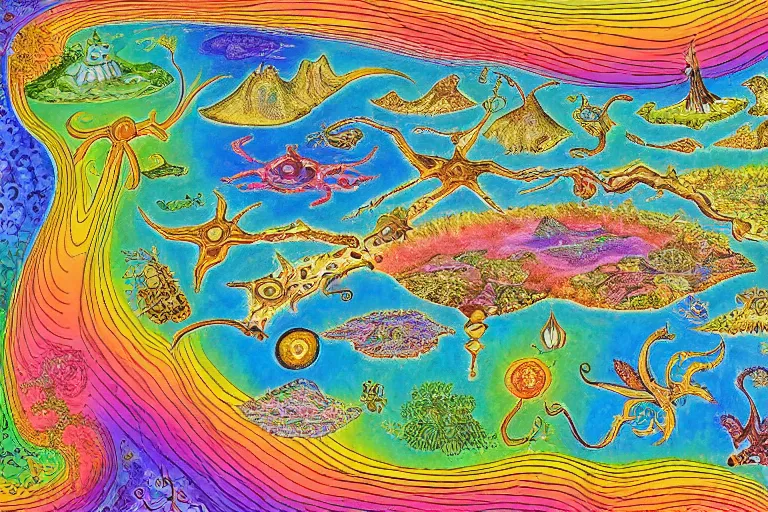 Image similar to Map of a psychedelic realm in the style of the voynich manuscript highly detailed, full color, as painted by lisa frank and bob ross