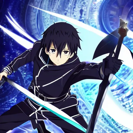 Prompt: Key anime visual of Kirito from Sword Art Online; official media