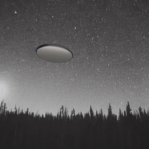 Image similar to grainy photograph of a hamburger-shaped UFO flying above a boreal forest
