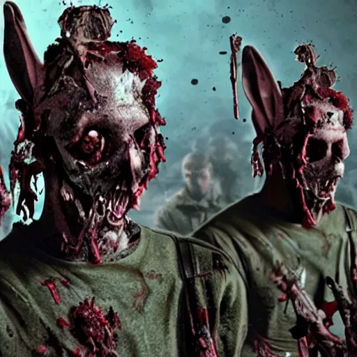 Image similar to a dark army decaying zombie rabbits infected with the T-virus, film still